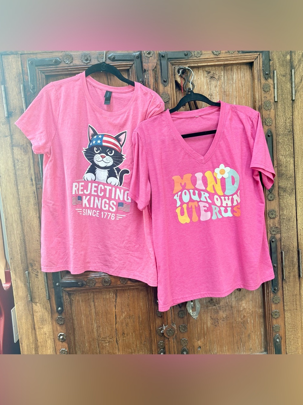 Bundle of 2 Pink Graphic Tees | Feminist & Patriotic Cat | Size L